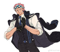 Rule 34 | 1boy, black coat, black gloves, coat, coat on shoulders, koby (one piece), cross scar, epaulettes, eyewear on head, feet out of frame, floral print, glasses, gloves, headband, highres, male focus, marine uniform (one piece), mcbuckwheat, one piece, pants, pink hair, scar, scar on face, scar on forehead, short hair, sideways glance, smile, smirk, solo, standing, white background