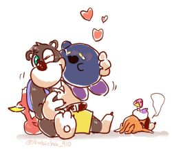 Rule 34 | alternate color, banjo-kazooie, banjo (banjo-kazooie), bear, bear paws, bird, blush, commentary, crossover, dog, dog (duck hunt), duck, duck (duck hunt), duck hunt, heart, hug, kazooie (banjo-kazooie), kirby, kirby (series), looking at another, nintendo, no humans, one eye closed, open mouth, saori (kabicha 910), sitting, sitting on person, sketch, super smash bros., tearing up, twitter username, white background