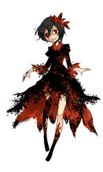 Rule 34 | 1girl, :d, absurdres, aki shizuha, alternate color, alternate hair color, black hair, black sclera, blood, blood on face, colored sclera, dress, female focus, highres, leaf, looking at viewer, mismatched sclera, no shoes, open mouth, red eyes, shigureru, simple background, smile, solo, touhou, white background