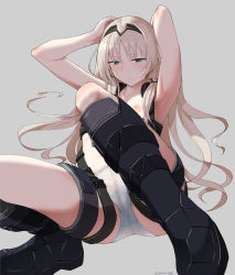Rule 34 | 1girl, an-94 (girls&#039; frontline), armpits, black footwear, black hairband, boots, cameltoe, closed mouth, collarbone, girls&#039; frontline, green eyes, grey background, hairband, light brown hair, long hair, looking at viewer, mishima hiroji, nipples, panties, simple background, solo, thigh strap, underwear, white panties