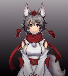 Rule 34 | animal ears, bare shoulders, breasts, detached sleeves, gradient background, hat, highres, inubashiri momiji, large breasts, looking at viewer, naolan, obi, pom pom (clothes), red eyes, red scarf, sash, scarf, short hair, silver hair, smile, solo, standing, tail, tokin hat, touhou, wolf ears, wolf tail