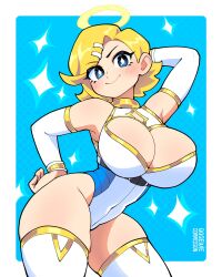 Rule 34 | 1girl, 333 (dqqqdle), blonde hair, blue eyes, blush, breasts, cleavage, detached sleeves, diamond-shaped pupils, diamond (shape), halo, highleg, highleg leotard, highres, large breasts, leotard, navel, original, short hair, solo, symbol-shaped pupils, thighhighs, thighs