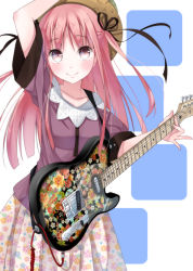 Rule 34 | 1girl, bad id, bad pixiv id, chm (macharge), electric guitar, fender telecaster, guitar, hat, instrument, long hair, original, pink hair, purple eyes, solo
