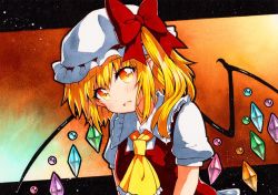 Rule 34 | 1girl, ascot, bad id, bad twitter id, blonde hair, blush, crystal, fang, flandre scarlet, hair between eyes, hat, hat ribbon, mob cap, orange background, pointy ears, puffy short sleeves, puffy sleeves, qqqrinkappp, red vest, ribbon, short hair, short sleeves, smile, solo, touhou, traditional media, vampire, vest, white hat, wings, yellow ascot, yellow eyes