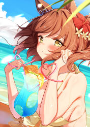 Rule 34 | 1girl, aston machan (umamusume), beach, blush, breasts, brown hair, cleavage, cloud, collarbone, commentary request, cup, drinking glass, drinking straw, green eyes, highres, large breasts, lens flare, long hair, looking at viewer, medium hair, ocean, portrait, pov, saboten mushi, sky, solo, table, umamusume, wet
