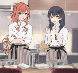 Rule 34 | 2girls, ahoge, apron, arisugawa natsuha, black hair, bowl, braid, brown eyes, buttons, chair, chef, crossed arms, idolmaster, idolmaster shiny colors, kitchen, long hair, looking at viewer, morino rinze, multiple girls, open mouth, red hair, satsumi, sidelocks, smile, striped apron, striped clothes, table, twin braids, waist apron, wavy hair