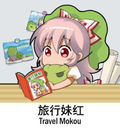 Rule 34 | 1girl, bilingual, book, bow, chibi, chinese text, commentary request, covered mouth, crossover, english text, frog, fujiwara no mokou, green hat, hair bow, hat, holding, holding book, indoors, jokanhiyou, lowres, mixed-language text, photo (object), puffy short sleeves, puffy sleeves, reading, red eyes, shirt, short sleeves, solo, tabikaeru, touhou, white bow, white hair, white shirt
