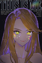 Rule 34 | 1girl, backlighting, bare shoulders, black background, character name, closed mouth, commentary request, dated, english text, flower, glowing, happy birthday, light particles, lipstick, long hair, looking at viewer, makeup, orange hair, oshiri (o4ritarou), pink lips, portrait, pretty series, rose, smile, solo, sparkle, star (symbol), sticker on face, swept bangs, waccha primagi!, yayoi hina, yellow eyes