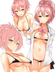 Rule 34 | 1girl, anza tomo, bare shoulders, bikini, bikini under clothes, black bikini, blush, bow, bowtie, breasts, cleavage, collarbone, dress shirt, hair between eyes, hair bow, highres, hip focus, idolmaster, idolmaster cinderella girls, jougasaki mika, looking at viewer, looking to the side, medium breasts, micro bikini, multiple views, navel, off shoulder, open mouth, parted lips, pink bow, pink hair, ponytail, shirt, side-tie bikini bottom, simple background, sleeves rolled up, smile, striped bow, striped bowtie, striped clothes, striped neckwear, swimsuit, thighs, unbuttoned, unbuttoned shirt, white background, yellow eyes