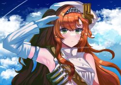 Rule 34 | 1girl, armpits, artist name, bare shoulders, blue sealad, blue sky, blush, checkered hairband, closed mouth, cloud, cloudy sky, collared shirt, day, frown, gloves, green eyes, hand on own head, long hair, looking at viewer, orange hair, outdoors, reverse:1999, salute, shirt, simple bird, sky, sleeveless, sleeveless shirt, solo, sonetto (reverse:1999), two side up, upper body, white gloves, white shirt