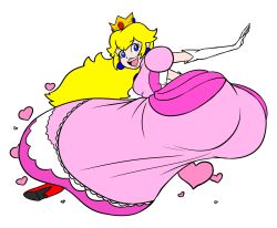 Rule 34 | 1girl, :d, arms behind back, ass, blonde hair, blue eyes, breasts, brooch, colorized, crown, dress, earrings, elbow gloves, eyelashes, full body, gloves, heart, high heels, hip attack, huge ass, jewelry, lips, long dress, long hair, looking back, mario (series), medium breasts, midair, nintendo, open hand, open mouth, outstretched arms, pink dress, pink lips, princess, princess peach, puffy short sleeves, puffy sleeves, red footwear, short sleeves, simple background, smile, solo, super mario bros. 1, super smash bros., teeth, upper teeth only, white background, white gloves