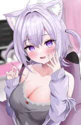 Rule 34 | 1girl, ahoge, animal ear fluff, animal ears, blurry, blurry background, blush, breasts, camisole, cat ears, cat girl, cleavage, collarbone, commentary request, fingernails, grey camisole, hair between eyes, hair intakes, hands up, highres, hololive, jacket, k0k0me, large breasts, looking at viewer, mimikaki, nail polish, nekomata okayu, nekomata okayu (membership), off shoulder, official alternate costume, official alternate hairstyle, open mouth, purple eyes, purple hair, purple jacket, purple nails, short hair, sleeves past wrists, smile, solo, spaghetti strap, two side up, virtual youtuber