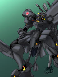 Rule 34 | assault visor, commission, f-15j kagerou, green background, hand on own thigh, highres, kisaragi hakana, mecha, muv-luv, muv-luv alternative, no humans, robot, science fiction, signature, skeb commission, solo, tactical surface fighter, weapon, weapon on back