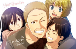 Rule 34 | 1girl, 3boys, affectionate, age difference, armin arlert, black hair, blonde hair, blue eyes, brown hair, child, eren yeager, facial hair, grin, hannes (shingeki no kyojin), happy birthday, heads together, kogattaaot, long sleeves, looking at another, mikasa ackerman, multiple boys, mustache stubble, open mouth, shingeki no kyojin, smile, stubble, thick eyebrows, translation request, wrinkled skin