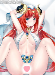 Rule 34 | 1girl, armpits, arms behind head, arms up, bare legs, blue gemstone, blush, breasts, forehead jewel, gabriel evangel, gem, genshin impact, gold choker, green eyes, highres, horns, jewelry, large breasts, looking at viewer, low twintails, lying, navel, neck ring, nilou (genshin impact), no panties, on back, red hair, ribbon, solo, spread legs, thighs, twintails, veil, white headdress