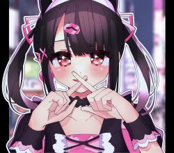 Rule 34 | 1girl, black choker, black hair, blunt bangs, blurry, blurry background, blush, choker, denonbu, ear piercing, earrings, hair ornament, hair ribbon, hands up, heart, heart earrings, highres, index fingers raised, jewelry, long hair, looking at viewer, ojii-san no oden, open mouth, outline, piercing, pink ribbon, puffy short sleeves, puffy sleeves, red eyes, reml, ribbon, short sleeves, smile, solo, twintails, upper body, white outline, wrist cuffs, x hair ornament