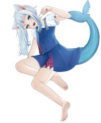 Rule 34 | 1girl, animal ears, arm support, bare legs, barefoot, blue dress, blue eyes, blue hair, blunt bangs, blush, cat ears, cat girl, check commentary, commentary request, dress, eyelashes, feet, fins, fish tail, full body, gawr gura, gawr gura (casual), grey hair, hand up, head tilt, hololive, hololive english, invisible chair, legs, looking at viewer, multicolored hair, omu kichi, shark girl, shark tail, sharp teeth, short sleeves, sidelocks, simple background, sitting, soles, solo, streaked hair, tail, teeth, thighs, toes, virtual youtuber, white background