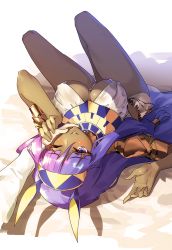 Rule 34 | 1girl, animal ears, armor, blush, bracelet, breasts, chain, dark-skinned female, dark skin, earrings, egyptian clothes, facepaint, facial mark, fate/grand order, fate (series), hair tubes, hairband, hand on another&#039;s cheek, hand on another&#039;s face, highres, hoop earrings, jackal ears, jewelry, knees up, long hair, looking at viewer, low-tied long hair, lying, medium breasts, nitocris (fate), on back, one-piece swimsuit, one eye closed, pauldrons, purple eyes, purple hair, shade, shoulder armor, sidelocks, smile, solo focus, swimsuit, thighs, tsurukame, usekh collar, very long hair, white one-piece swimsuit