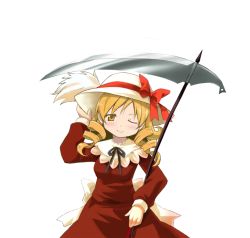 Rule 34 | 1girl, blonde hair, bow, commentary request, cosplay, dress, drill hair, elly (touhou), elly (touhou) (cosplay), hat, hat bow, mahou shoujo madoka magica, mahou shoujo madoka magica (anime), ninifu, one eye closed, ribbon, scythe, short hair, smile, solo, tomoe mami, touhou, touhou (pc-98), transparent background, twin drills, twintails, wink, yellow eyes
