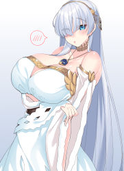 Rule 34 | 1girl, absurdres, alternate breast size, anastasia (fate), bare shoulders, blue eyes, blush, breasts, choker, cleavage, dress, fate/grand order, fate (series), gradient background, hair over one eye, hairband, highres, jewelry, large breasts, long hair, looking at viewer, necklace, parted lips, simple background, solo, spoken blush, watosu (watosu mama)