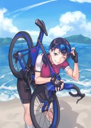 Rule 34 | 1girl, beach, bicycle, bike shorts, day, fingerless gloves, gloves, ocean, one eye closed, original, ponytail, product placement, smile, solo, yomo (majidon)