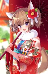 Rule 34 | 1girl, :d, ahoge, animal ears, blue eyes, blurry, blurry background, blush, bow, brown hair, commentary request, day, depth of field, dog ears, dog girl, dog tail, fang, floral print, flower, fur collar, hair between eyes, hair bow, hair flower, hair ornament, head tilt, highres, holding, holding umbrella, japanese clothes, kimono, looking at viewer, obi, oil-paper umbrella, open mouth, original, outdoors, print kimono, razuchi, red flower, red kimono, sash, sidelocks, smile, solo, tail, twintails, umbrella, white bow