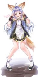 Rule 34 | 1girl, ahoge, animal ears, blue hair, breasts, dress, elin, fox ears, fox tail, highres, kaname warabi, long hair, no nose, paw print, red eyes, short dress, small breasts, solo, tail, tera online, whiskers