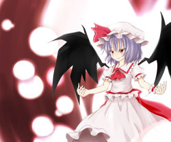 Rule 34 | 1girl, ascot, female focus, frills, hachimi, hat, hat ribbon, highres, open mouth, puffy sleeves, purple hair, red eyes, remilia scarlet, ribbon, short hair, short sleeves, smirk, solo, touhou, wings