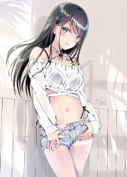 Rule 34 | 1girl, ass, back, bare shoulders, black hair, blue eyes, blush, bra strap, bra visible through clothes, branch, commentary request, cowboy shot, denim, denim shorts, flower, hair flower, hair ornament, hairclip, highres, kobayashi chisato, pantyhose under shorts, long hair, long sleeves, looking at viewer, midriff, navel, off-shoulder sweater, off shoulder, original, panties, panty straps, pantyhose, short shorts, shorts, side-tie panties, smile, solo, standing, sunlight, sweater, tan, tanline, thighs, tree, tying, underwear, white pantyhose, window