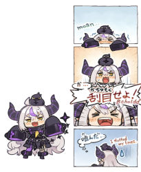 Rule 34 | &gt; &lt;, 1girl, 4koma, :d, animal, animal on head, bird, bird on head, blush, chibi, closed eyes, comic, crow (la+ darknesss), english text, hair between eyes, hololive, holox, horns, itsuki tasuku, la+ darknesss, long hair, nose blush, on head, open mouth, sleeves past fingers, sleeves past wrists, smile, speech bubble, striped horns, sweatdrop, trembling, v-shaped eyebrows, virtual youtuber, xd, yellow eyes