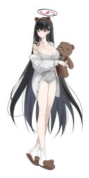 1girl absurdres alternate_costume animal_ears bear_ears black_hair black_halo blue_archive blush breasts bright_pupils cleavage closed_mouth commentary_request dolphin_shorts fake_animal_ears full_body grey_shirt grey_shorts hair_ornament hairclip halo heel_up highres holding holding_stuffed_toy hwa_n01 korean_commentary large_breasts light_smile long_hair long_legs long_sleeves looking_at_viewer off_shoulder open_clothes open_shirt red_eyes rio_(blue_archive) shirt short_shorts shorts sitting slippers socks solo spaghetti_strap standing strap_slip stuffed_animal stuffed_toy teddy_bear very_long_hair white_background white_pupils white_socks