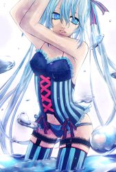 Rule 34 | 1girl, aged up, bad id, bad pixiv id, blue eyes, blue hair, corset, garter straps, hatsune miku, highres, kinglife23, legwear garter, lingerie, lips, long hair, matching hair/eyes, navel, panties, solo, striped clothes, striped thighhighs, thighhighs, twintails, underwear, vertical-striped clothes, vertical-striped thighhighs, very long hair, vocaloid, wading, wet