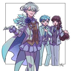 Rule 34 | 3girls, :d, aiguillette, alternate hairstyle, blue eyes, blue flower, blue hair, blue necktie, blue rose, brown hair, cape, collared shirt, cropped legs, crossdressing, dorothy west, feathers, flower, formal, gloves, green eyes, grey hair, grey vest, hand up, jacket, kurosu aroma, long hair, long sleeves, looking at another, looking at viewer, low ponytail, multiple girls, necktie, open mouth, pants, pretty series, pripara, reverse trap, rituyama1, rose, shikyoin hibiki, shirt, short hair, signature, smile, standing, suit, vest, white background, white cape, white gloves, white jacket, white pants, white shirt, yellow vest