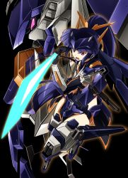 Rule 34 | 1girl, armor, black background, black gloves, blue hair, commentary request, elbow gloves, full body, gloves, glowing, glowing eyes, glowing sword, glowing weapon, gun, headgear, high ponytail, highres, kumichou (ef65-1118-ef81-95), long hair, mecha, mecha musume, open mouth, original, pink eyes, robot, shoulder armor, stance, sword, very long hair, weapon