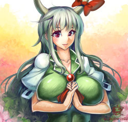 Rule 34 | 1girl, :d, artist name, ascot, bow, breasts, collarbone, colored eyelashes, dress, ex-keine, green dress, green hair, horn bow, horn ornament, horns, huge breasts, impossible clothes, impossible dress, interlocked fingers, kamishirasawa keine, long hair, looking at viewer, open mouth, own hands clasped, own hands together, puffy sleeves, red eyes, short sleeves, signature, smile, solo, touhou, umigarasu (kitsune1963), upper body