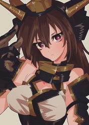 Rule 34 | 10s, 1girl, bare shoulders, black gloves, breasts, brown hair, gloves, grey background, headgear, kantai collection, leather, leather gloves, long hair, looking at viewer, maikeru (dk maikel), nagato (kancolle), purple eyes, simple background, solo