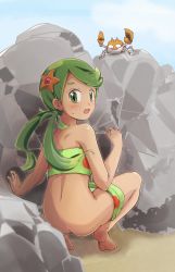 Rule 34 | 1girl, ass, beach, caught, clothes pull, creatures (company), dark-skinned female, dark skin, game freak, gen 1 pokemon, green eyes, green hair, have to pee, highres, krabby, looking at viewer, mallow (pokemon), nintendo, one-piece swimsuit pull, outdoors, pokemon, pokemon (anime), pokemon (creature), pokemon sm (anime), solo, squatting, swimsuit, toronika kokyutosu
