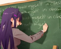 1girl absurdres board_eraser chalk chalkboard closed_eyes crying doki_doki_literature_club english_text from_behind hair_intakes hair_ornament hairclip highres holding holding_chalk implied_after_masturbation indoors khyle. long_hair long_sleeves purple_hair shadow shirt solo standing wet wet_clothes wet_shirt wet_sleeves yuri_(doki_doki_literature_club)