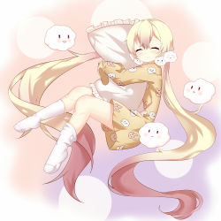 Rule 34 | 1girl, :&gt;, :d, ^ ^, animal print, blonde hair, blush, brown shirt, chihong de tianshi, closed eyes, closed mouth, cloud, cloud print, commentary request, facing viewer, frilled pillow, frills, hair between eyes, long hair, long sleeves, low twintails, mahou shoujo ikusei keikaku, mahou shoujo ikusei keikaku unmarked, nemurin, no shoes, hugging object, open mouth, pajamas, parted lips, pillow, pillow hug, print pajamas, print shirt, rabbit print, shirt, sleeves past fingers, sleeves past wrists, smile, socks, solo, triangle mouth, twintails, very long hair, white socks