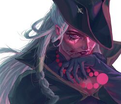 Rule 34 | 1girl, black cape, black headwear, braid, cape, cedrof, dark waters diana, diana (league of legends), grey hair, hand up, highres, league of legends, long hair, official alternate costume, portrait, red eyes, red lips, simple background, single braid, solo, teeth, white background