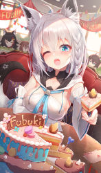 Rule 34 | 0 0, 5girls, :3, :d, ;o, absurdres, ahoge, animal ear fluff, animal ears, bare shoulders, birthday party, black hair, black headwear, blue eyes, blue neckwear, blush, bone hair ornament, braid, breasts, brown hair, cake, cake slice, catxuan, character name, cleavage, cleavage cutout, clothing cutout, collarbone, commentary request, day, detached sleeves, dog ears, drawstring, dutch angle, envelope, fang, feeding, food, fork, fox ears, fox tail, hair between eyes, hair ornament, happy birthday, hat, head tilt, heart, heart in eye, highres, holding, holding fork, hololive, hood, hood down, incoming food, indoors, inugami korone, large breasts, long hair, long sleeves, looking at viewer, macaron, medium breasts, multicolored hair, multiple girls, murasaki shion, natsuiro matsuri, one eye closed, ookami mio, open mouth, pennant, pillow, pov feeding, red hair, ribbon-trimmed sleeves, ribbon trim, shirakami fubuki, shirakami fubuki (1st costume), side ponytail, silver hair, smile, solo focus, star (symbol), streaked hair, string of flags, sunlight, symbol in eye, table, tail, tail raised, teeth, upper body, upper teeth only, virtual youtuber, white sleeves, wide sleeves, window, witch hat, wolf ears