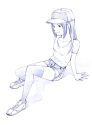 Rule 34 | 1girl, long hair, monochrome, original, shorts, sitting, sketch, solo, thighhighs, traditional media, yoshitomi akihito
