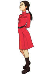 Rule 34 | 1girl, advance wars, advance wars: dual strike, arms behind back, belt, black eyes, black hair, boots, dress, flat chest, full body, glasses, highres, hirata ryou, long hair, military, military uniform, nintendo, official art, simple background, solo, sonja (advance wars), standing, turtleneck, twintails, uniform