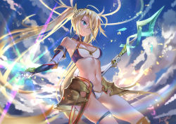 Rule 34 | 1girl, armor, azomo, backlighting, bare shoulders, bikini, blonde hair, blue bikini, blue eyes, blue sky, bradamante (fate), bradamante (third ascension) (fate), braid, breasts, cleavage, closed mouth, elbow gloves, energy barrier, energy shield, fate/grand order, fate (series), faulds, french braid, gloves, hair between eyes, halo, highres, holding, holding weapon, lens flare, light rays, long hair, medium breasts, navel, sky, smile, solo, sparkle, swimsuit, thigh strap, thighs, twintails, two-tone bikini, very long hair, weapon, white bikini