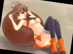 Rule 34 | 1girl, animal ears, antenna hair, arc system works, armpits, ass, bad id, bad pixiv id, banana (hirane1988), bare shoulders, black thighhighs, blazblue, boots, breasts, brown hair, cleavage, crop top, dutch angle, highleg, highleg panties, looking at viewer, lying, makoto nanaya, microskirt, midriff, multicolored hair, navel, orange eyes, orange skirt, panties, revealing clothes, side slit, skirt, smile, solo, squirrel ears, squirrel tail, tail, thighhighs, two-tone hair, underboob, underwear