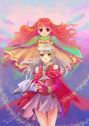 Rule 34 | 2girls, bare shoulders, book, bridal gauntlets, cape, detached sleeves, dress, female focus, fingerless gloves, fire emblem, fire emblem: radiant dawn, gloves, hair tubes, half updo, hime cut, holding, holding book, long hair, micaiah (fire emblem), multiple girls, nintendo, open book, orange hair, poncho, red eyes, red hair, serious, silver hair, skirt, smile, yellow eyes, youhe, youhe qri, yune (fire emblem)