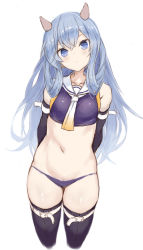 Rule 34 | 1girl, absurdres, arms behind back, blue eyes, cropped legs, grey hair, hair between eyes, headgear, highres, i-203 (kancolle), kantai collection, long hair, looking at viewer, midriff, navel, one-hour drawing challenge, ryo (tg290), sailor collar, simple background, solo, thigh strap, white background