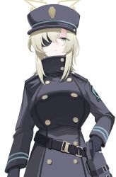 Rule 34 | 1girl, arimas ar1, belt, black coat, black hat, blue archive, brown halo, buttons, coat, double-breasted, eyepatch, green eyes, green halo, halo, hat, highres, looking at viewer, looking down, one eye covered, peaked cap, simple background, solo, suou (blue archive), train conductor, white background