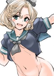 Rule 34 | 1girl, 30-06, black serafuku, blonde hair, blue eyes, blush, breasts, commentary, commentary request, covered erect nipples, cropped shirt, curly hair, dutch angle, green sailor collar, grey neckerchief, hat, highres, janus (kancolle), kantai collection, looking at viewer, navel, neckerchief, no panties, out-of-frame censoring, sailor collar, school uniform, serafuku, short hair, sketch, small breasts, smile, solo, white background