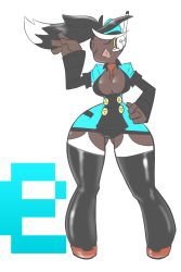 Rule 34 | 1girl, alternate color, between breasts, black hair, black panties, black thighhighs, blush, breasts, call (mighty no. 9), call e, cleavage, dark-skinned female, dark skin, dress, closed eyes, full body, garrison cap, garter straps, hand on own hip, hat, headset, highres, mighty no. 9, multicolored hair, narrow waist, necktie, necktie between breasts, no feet, panties, pantyshot, short dress, side ponytail, solo, standing, thick thighs, thighhighs, thighs, transparent background, two-tone hair, underwear, white hair, wide hips, xo-pachi